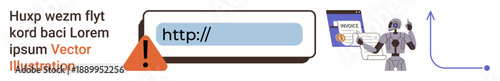 Online safety, AI integration, data management, technology advancement, coding concepts, security alerts. A warning icon with a URL, and a robot interacting with a digital interface. Online safety