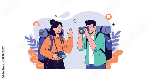 Two adventurous backpackers take photos and wave during their hiking journey through a scenic outdoor landscape.