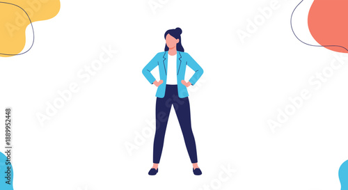 Confident young woman in a blue blazer stands with her hands on her hips against a clean background with abstract shapes.