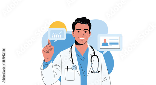 Professional doctor in a lab coat points upward toward floating bubbles containing medical charts and patient profiles.