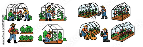 Gardening activities in greenhouses during spring season