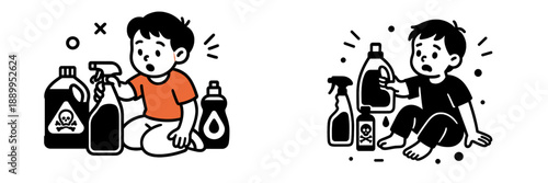 Child playing near cleaning products with hazardous labels