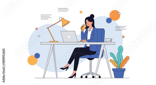 Young businesswoman sits at her office desk working on a laptop and enjoying a cold drink from a cup with a straw in a modern workspace.