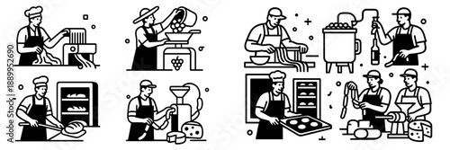 Culinary professionals engaging in various food preparation tasks