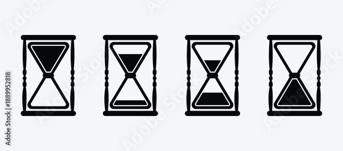 Set of four black and white hourglass icons showing different stages of time passing