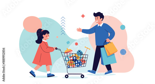 Girl pushes a shopping cart full of toys while her father walks alongside her carrying bags during a fun family shopping trip.