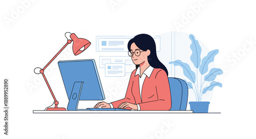 Professional woman with glasses works diligently on her desktop computer at a clean office desk with a green plant in the background.