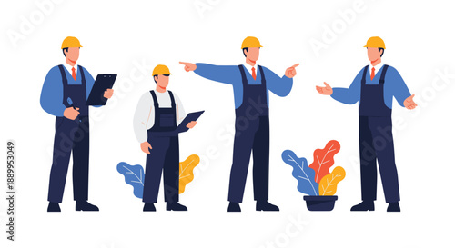 Collection of construction workers and engineers in blue overalls and yellow hard hats showing different gestures and tasks in flat style.