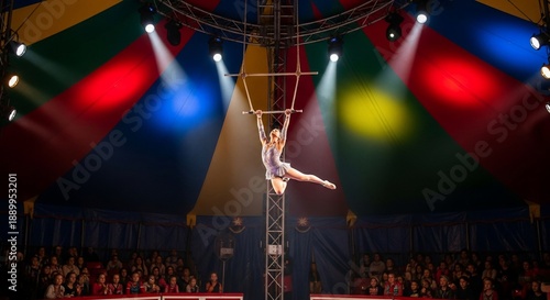 Female trapeze artist performing in a colorful circus tent with audience watching.