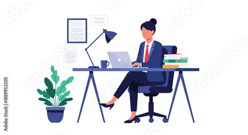 Professional businesswoman in a dark suit works on her laptop at an office desk with a stack of books and various documents on the wall.