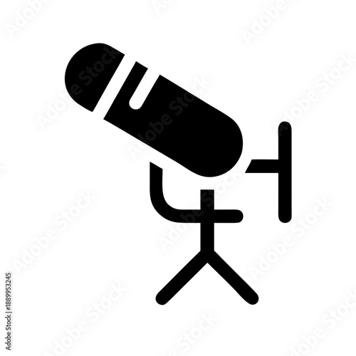 Minimalist black silhouette icon of microphone on tripod stand angled downward, symbolizing audio recording, broadcasting, podcasting, and voice communication
