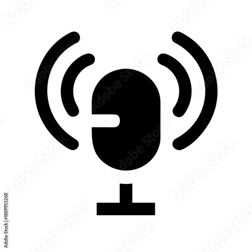 Minimalist black silhouette icon of microphone on stand with sound waves, symbolizing audio recording, broadcasting, podcasting, voice communication, and media content