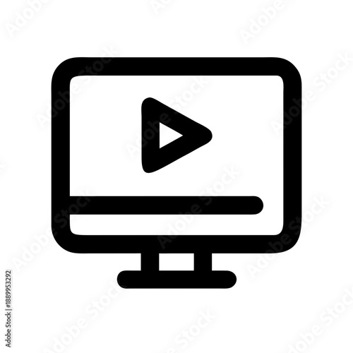 Minimalist black silhouette icon of computer monitor with play button, symbolizing video playback, streaming, online tutorials, and digital media content
