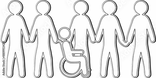 Line art illustration depicting a group of people including someone in a wheelchair