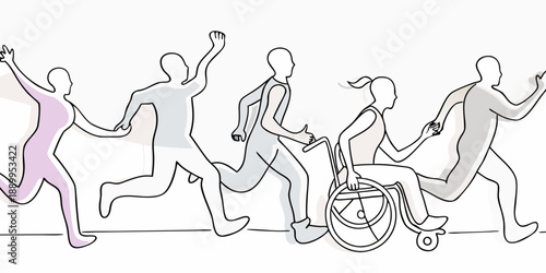 A diverse group of people running and racing including an athlete in a wheelchair
