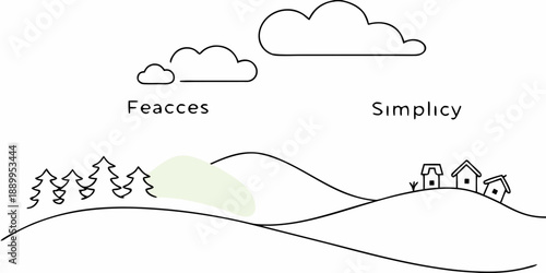 Simple landscape drawing featuring hills trees houses and clouds