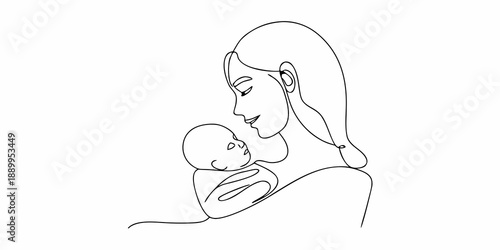 A delicate line drawing depicts a mother tenderly holding her baby