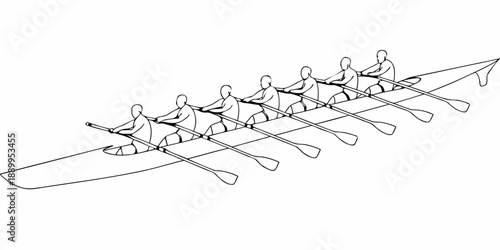 A linear illustration depicting an eight person rowing team in a shell