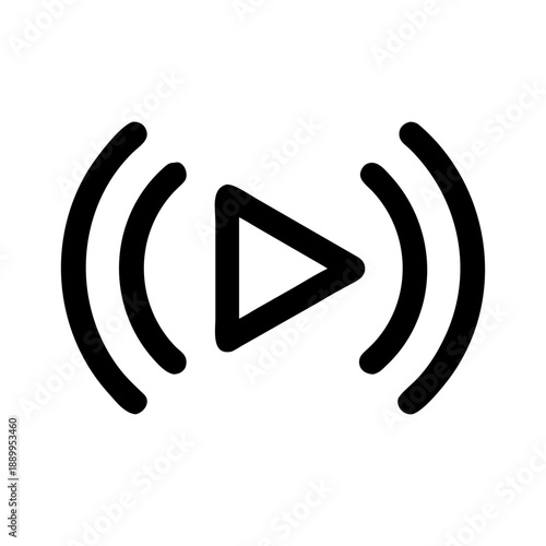 Minimalist black and white play button icon with curved broadcast wave lines, symbolizing live streaming, media playback, broadcasting, and digital content