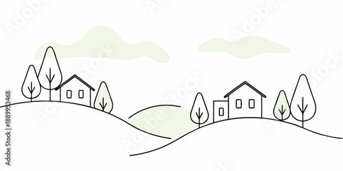 Simple illustration of houses and trees on rolling green hills