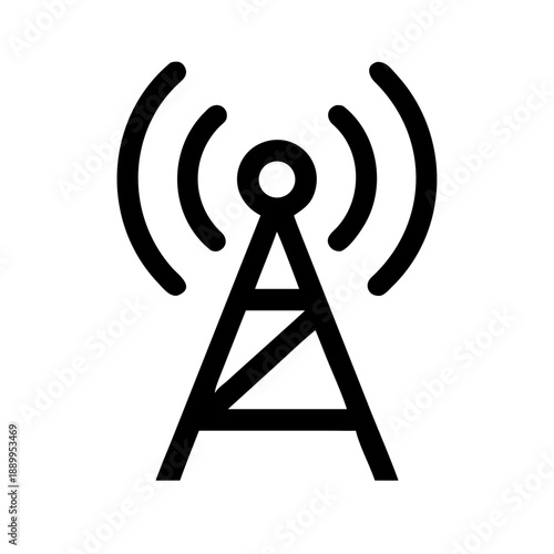 Minimalist black and white radio tower icon with antenna and radiating wireless signals, symbolizing broadcasting, communication, and network connectivity