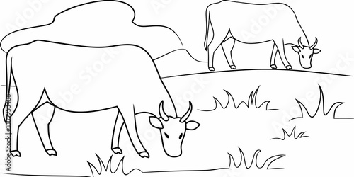Simple line drawing depicting three cows grazing on a grassy hill
