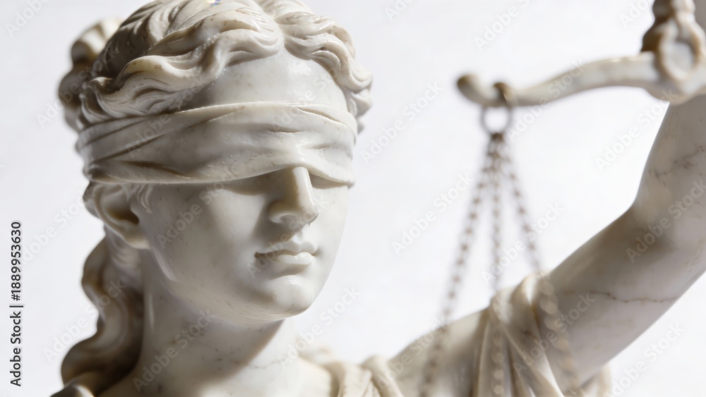 Obraz premium Blindfolded Statue Detail Emphasizing Impartiality And Balance, Tight Crop On Textured Stone Face And Bound Eyes With Soft Directional Light, Powerful Metaphor For Fairness, Neutrality