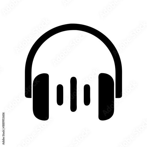 Minimalist black and white headphones icon encircling stylized sound wave bars, symbolizing audio content, music, listening, recording, and sound devices