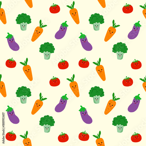 Seamless pattern background with vegetables. Seamless pattern background with various cute kawaii vegetables such as eggplant, broccoli, tomatoes, and carrots with adorable smiley faces.