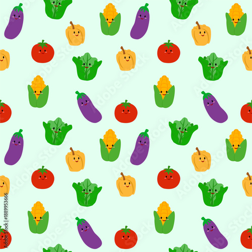 Seamless pattern background vegetables. Seamless pattern background with various cute kawaii vegetables such as corn, peppers, tomatoes, lettuce and carrots with cute smiley faces.