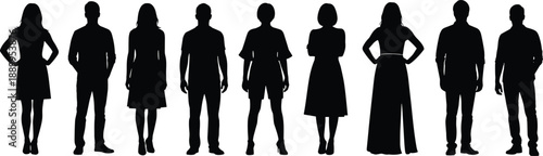 Collection of diverse people silhouettes standing in a row including men and women in various outfits and poses isolated on white background for design