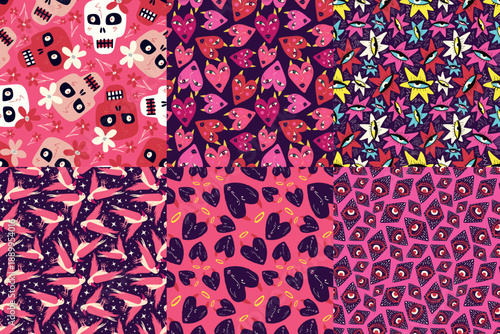 Pink and purple cartoon bright seamelss patterns with characters 