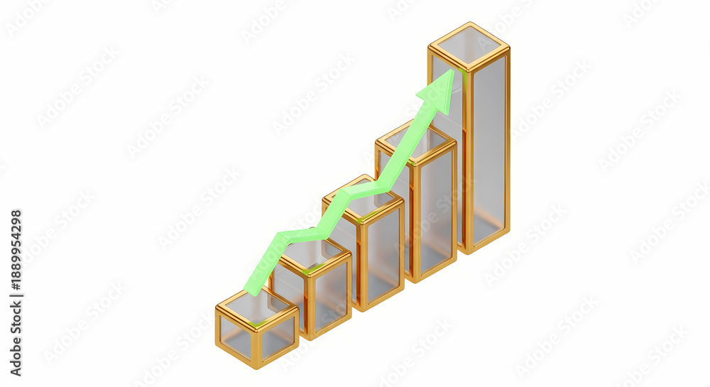 Obraz premium Isometric 3D glass bar chart with rising green arrow isolated on white background