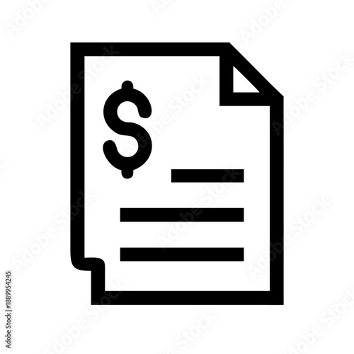 Minimalist black and white line icon of document with folded corner, dollar sign at top, and horizontal lines, symbolizing invoice, bill, receipt, or financial statement.