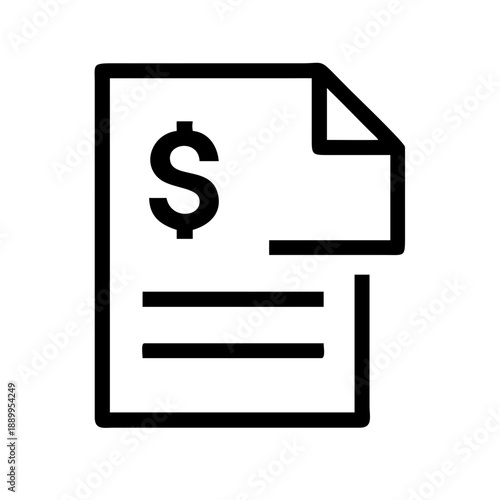 Minimalist black and white line icon of document with folded corner, dollar sign at top, and horizontal lines, symbolizing invoice, bill, receipt, or financial statement.