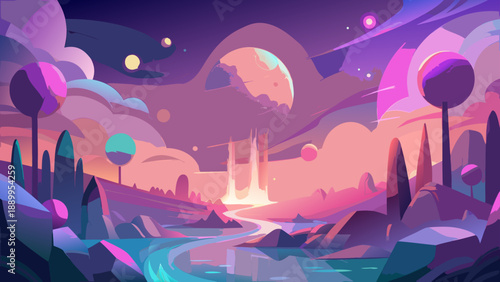 fantasy landscape with mountains and moon