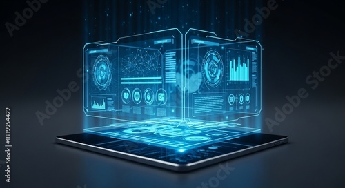 Futuristic digital interface on a tablet with glowing blue screens and data visualization.