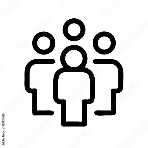 Minimalist black line icon of three human figures in triangular formation, symbolizing teamwork, collaboration, community, and social interaction