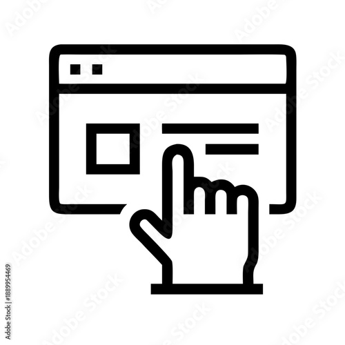 Minimalist black and white hand cursor icon clicking on webpage interface, symbolizing selection, interaction, and digital navigation