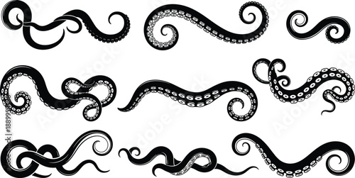 Octopus tentacle silhouette illustration set with curling sea monster arms for nautical ocean and fantasy designs