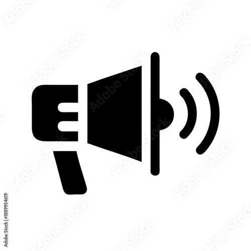 Minimalist black and white megaphone icon with hand holding, sound waves broadcasting, symbolizing announcements, alerts, communication, and public speaking