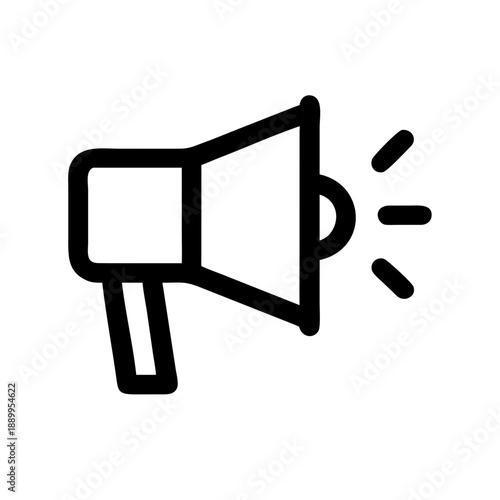 Minimalist black and white megaphone icon with sound lines, symbolizing communication, announcements, alerts, broadcasting, marketing, and public speaking