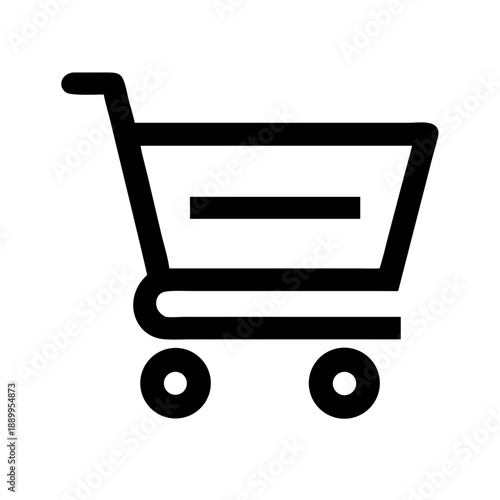 Minimalist black and white shopping cart icon with rectangular basket and two wheels, symbolizing online shopping, checkout, e-commerce, and retail commerce