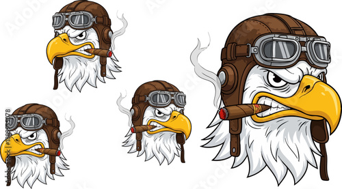 Fierce bald eagle mascot head wearing vintage leather aviator cap and smoking a cigar in various sizes for design projects