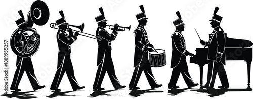 Marching band musician silhouette illustration with brass drums and piano for parade festival music performance designs