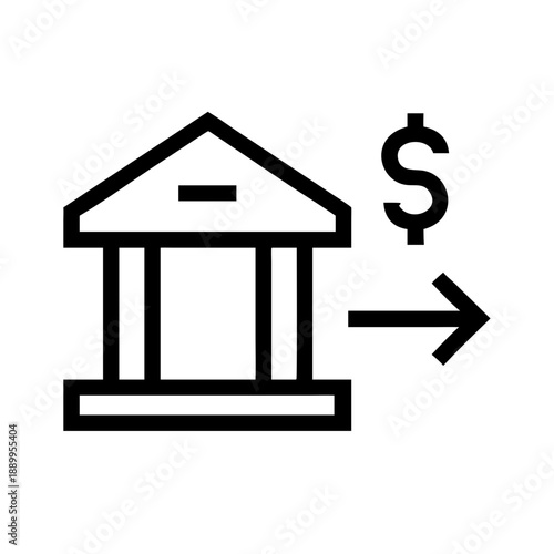 Minimalist black and white line icon of classical bank building with dollar sign and rightward arrow, symbolizing money transfer, finance, banking, and digital payments.