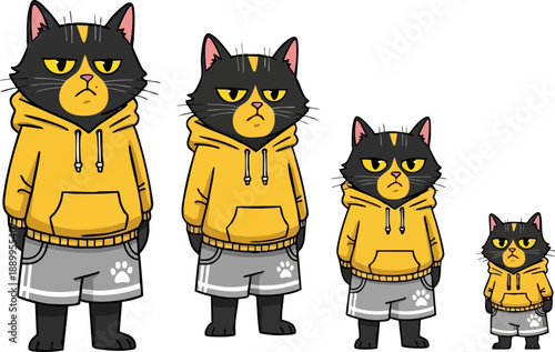 Four progressively sized cartoon grumpy black cats wearing matching yellow hooded sweatshirts and grey shorts stand aligned in a row demonstrating scale.