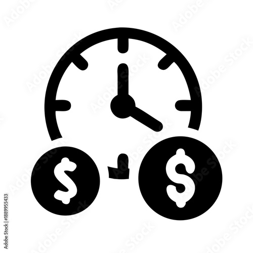 Black and white icon of clock with two dollar signs and downward arrow, symbolizing time value, financial efficiency, and economic conversion