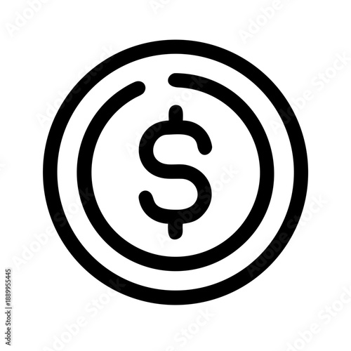 Minimalist black and white line icon of coin with dollar sign in center, symbolizing money, currency, finance, payment, savings, budgeting, and economic value.