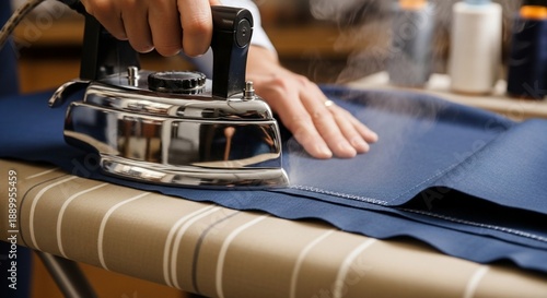 Tailor ironing blue fabric on a worktable with a steam iron.